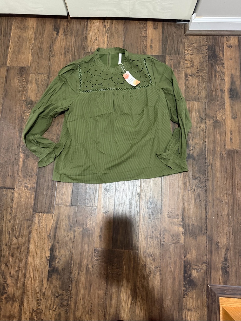 Simple Olive Eyelet Yoke Long Sleeve Blouse